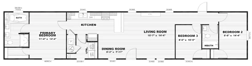 Black and white floor plan of a house showing a primary bedroom with bath, kitchen, dining room, living room, two additional bedrooms, and a second bathroom.