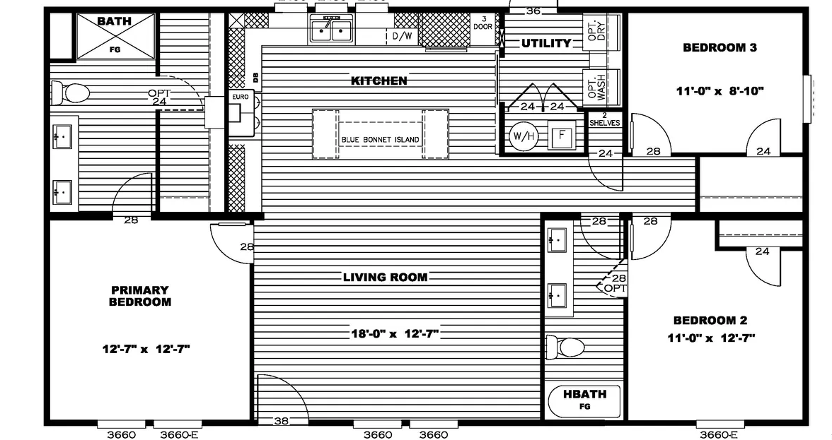 Black and white floor plan of a house showing three bedrooms, two bathrooms, a kitchen with island, utility room, and a central living room. Room dimensions are labeled.