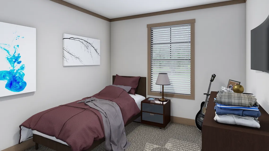 A tidy bedroom with a single bed, maroon bedding, a nightstand with a lamp, dresser with folded clothes, guitar, and two abstract paintings on the wall.