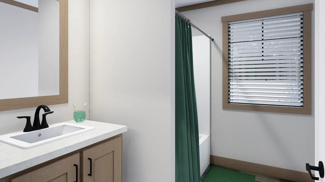 Modern bathroom with a wooden vanity, white sink, black faucet, mirror, green toothbrush holder, bathtub with a green shower curtain, and a window with blinds.