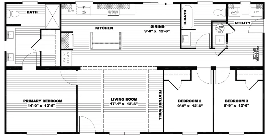 Black-and-white floor plan of a house showing three bedrooms, two bathrooms, kitchen, dining, living room, utility room, and labeled features such as a feature wall and floating shelves.