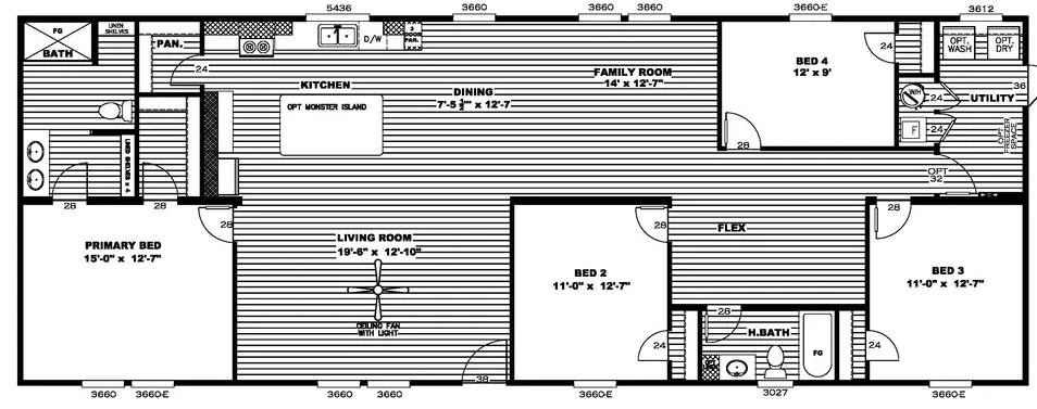 Black and white floor plan of a house featuring four bedrooms, two bathrooms, a kitchen with an island, dining area, family room, living room, flex room, utility room, and pantry.