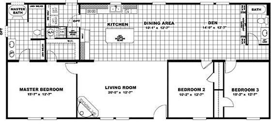 Floor plan of a home with three bedrooms, two bathrooms, a living room, kitchen with island, dining area, den, utility room, and master bath.
