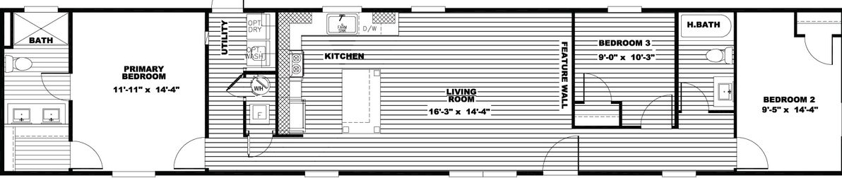 Black and white floor plan of a home showing a primary bedroom, two smaller bedrooms, two bathrooms, a kitchen, and a living room, with labeled dimensions for each room.