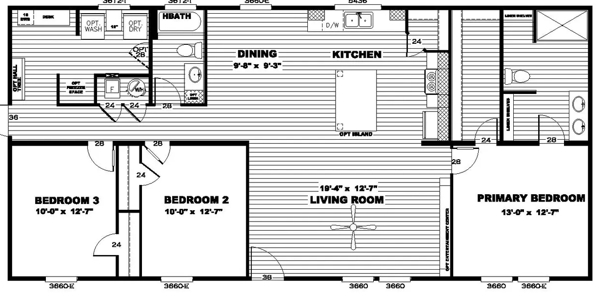 Black and white floor plan showing three bedrooms, two bathrooms, a living room, dining area, kitchen, laundry area, and labeled room dimensions.