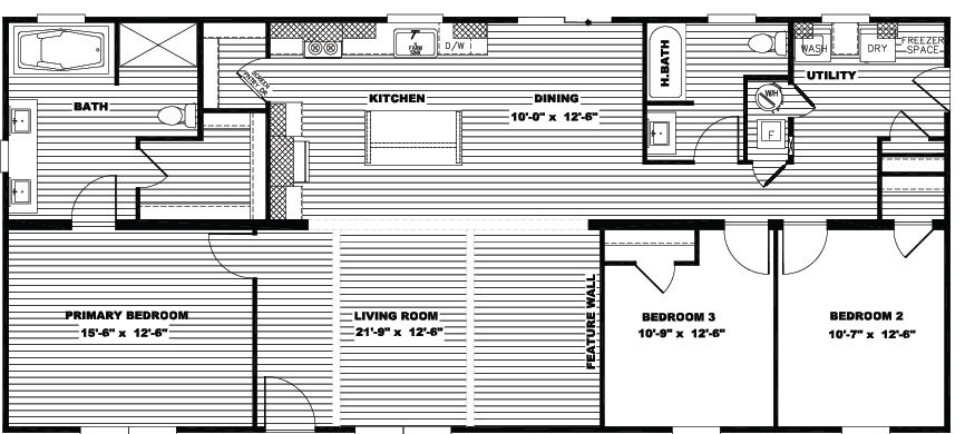 Black and white floor plan showing three bedrooms, two bathrooms, a living room, kitchen, dining area, and utility space with labeled dimensions.