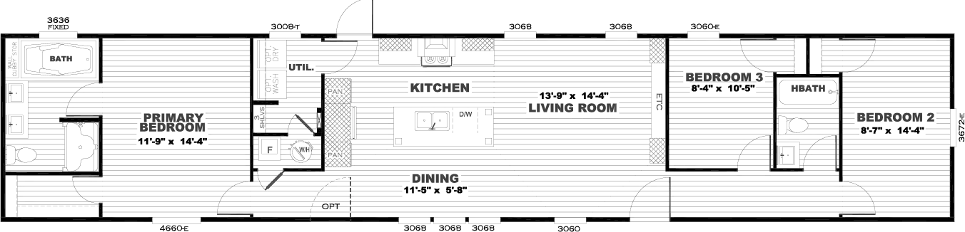 Black and white floor plan of a home showing a primary bedroom, bedroom 2, kitchen, dining area, living room, and two bathrooms with labeled rooms and basic furniture layout.