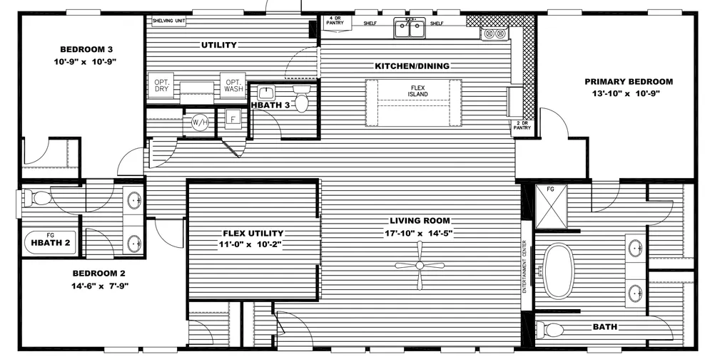 Black and white floor plan showing three bedrooms, two bathrooms, a kitchen/dining area, living room, utility spaces, and optional washer/dryer locations.