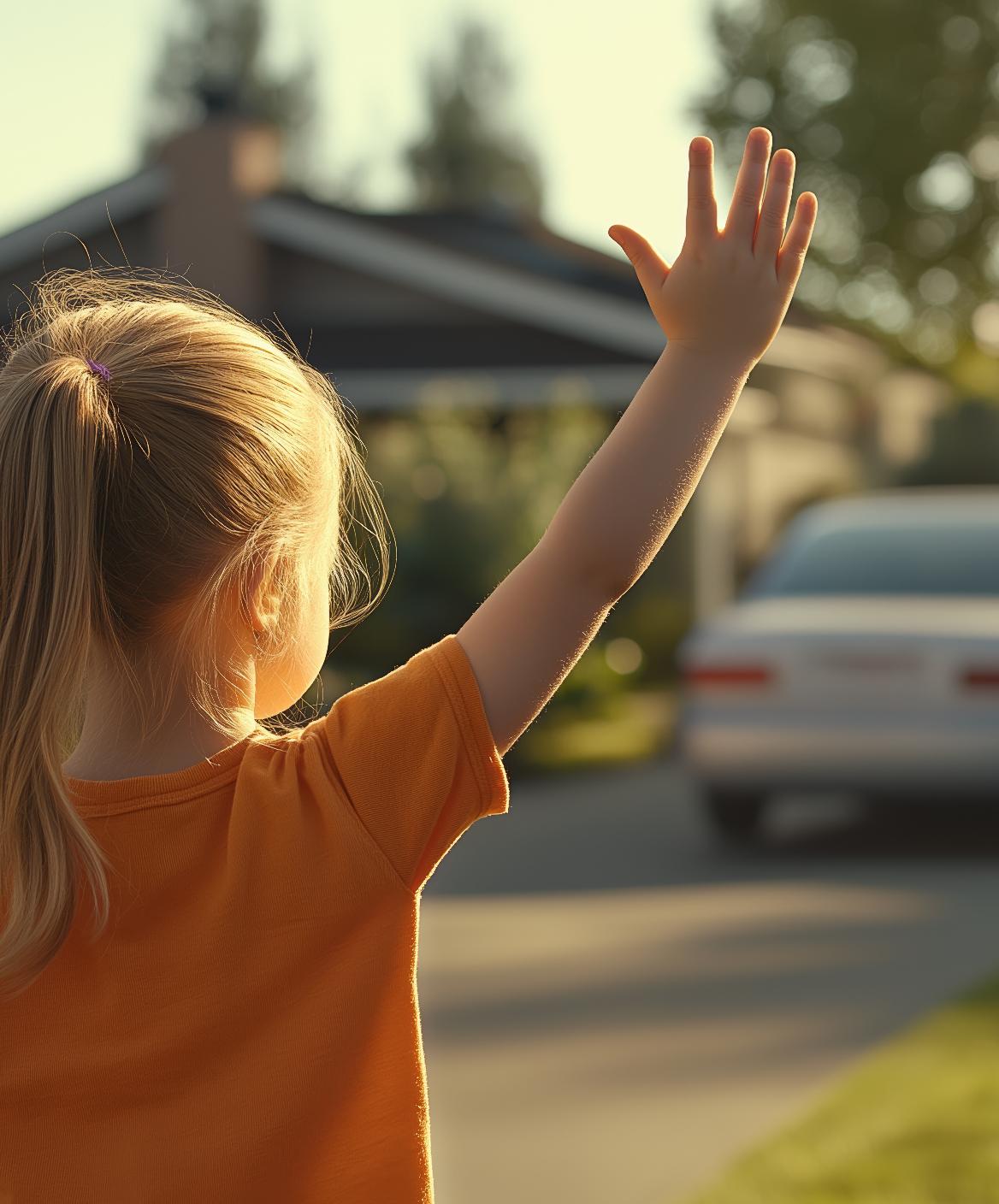 A young girl with blonde hair in a ponytail raises her hand, facing a driveway with a white car and a house in the background.