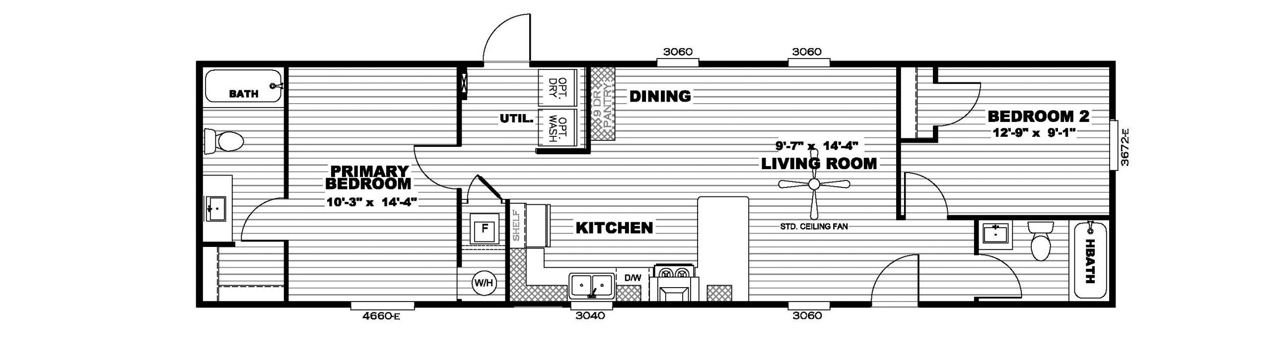 Floor plan of a home showing two bedrooms, a living room, kitchen, dining area, bath, utility room, and porch; all rooms labeled with dimensions.