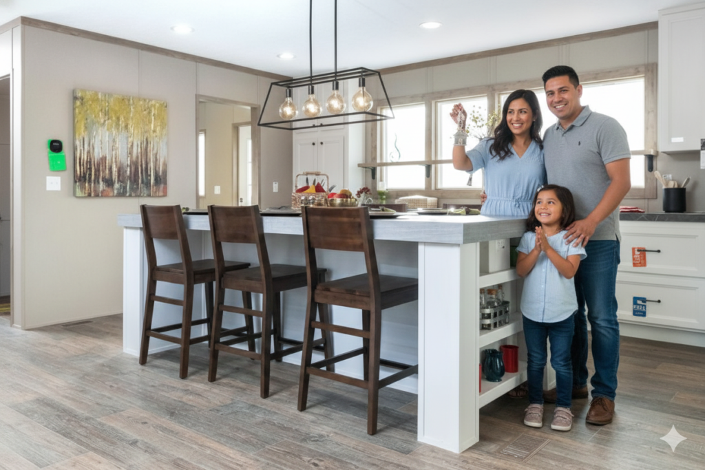 A smiling family of three stands together in a modern kitchen, near a large island with chairs, under contemporary lighting.