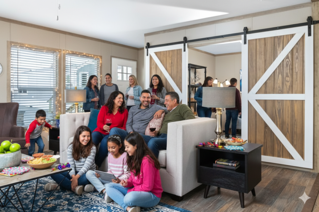 A large group of people, including adults and children, gather and socialize in a well-lit living room decorated with food, snacks, and barn-style sliding doors.