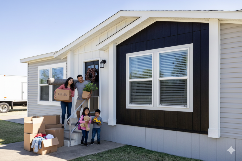 A family of five stands on the steps of a manufactured home, holding moving boxes and plants, with additional boxes on the lawn beside them.