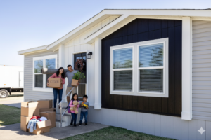 A family of five stands on the steps of a manufactured home, holding moving boxes and plants, with additional boxes on the lawn beside them.